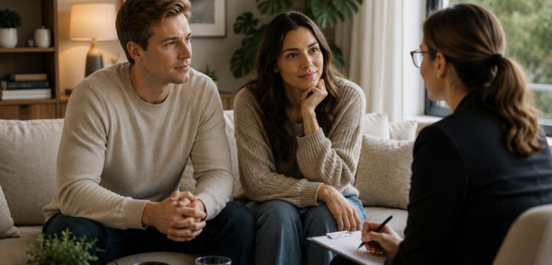 Australian couple sitting with a relationship counsellor during a counselling session