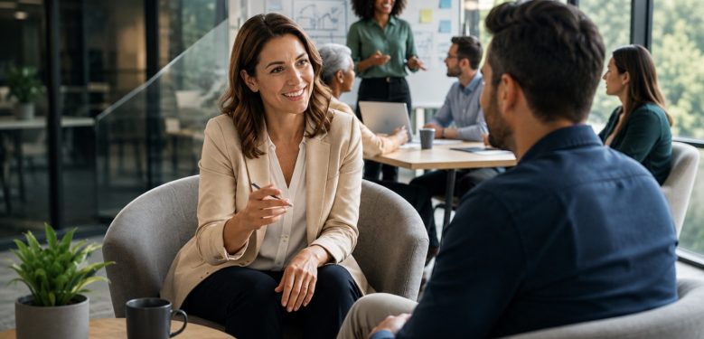 Coach and client in one-on-one session with a team meeting in the background