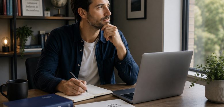 Person considering a career change looking at mental health training options on a laptop in Australia